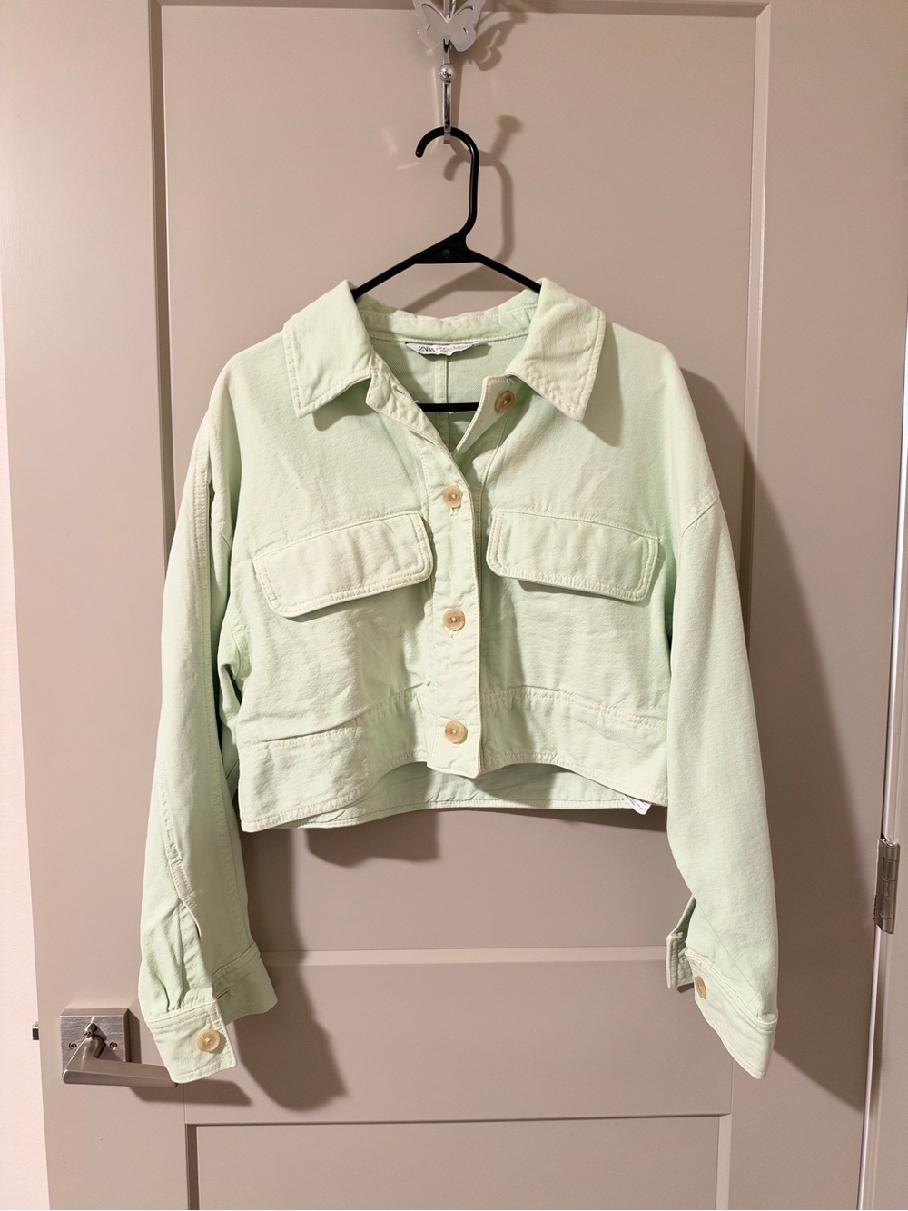 Zara Cropped Light Green Denim Jacket